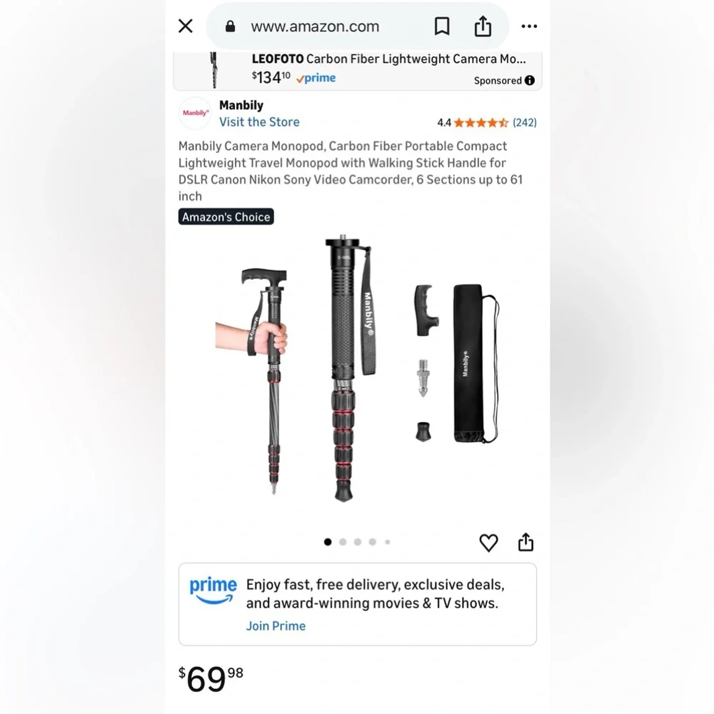 Manbily Carbon Fiber Camera Monopod 61” Lightweight Travel Monopod/Walking Stick